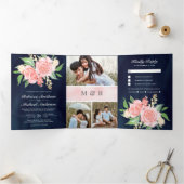 Blush roze rozen foto collage marine blauw bruilof drieluik uitnodiging (Binnen)