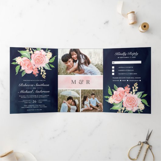 Blush roze rozen foto collage marine blauw bruilof drieluik uitnodiging (Binnen)
