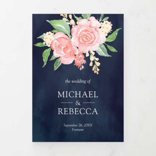 Blush roze rozen foto collage marine blauw bruilof drieluik uitnodiging (Cover)