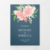 Blush roze rozen foto collage stoffige blauwe brui drieluik uitnodiging (Cover)