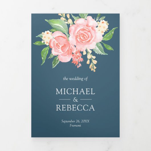 Blush roze rozen foto collage stoffige blauwe brui drieluik uitnodiging (Cover)