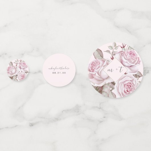 Blush Roze Rozen Foto en Naam Bruiloft Confetti (Voorkanten)