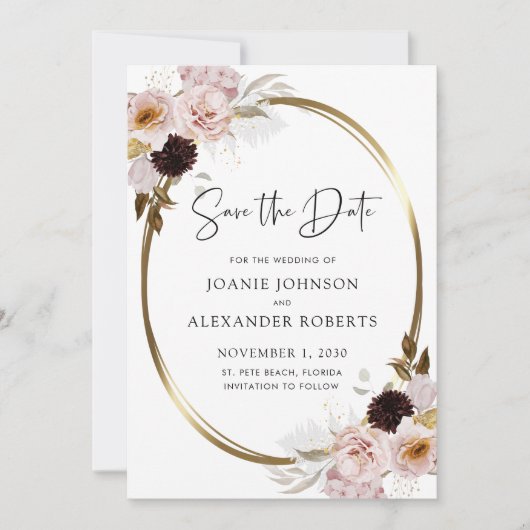 Blush roze rozen Gold Metallic Save the Date (Voorkant)