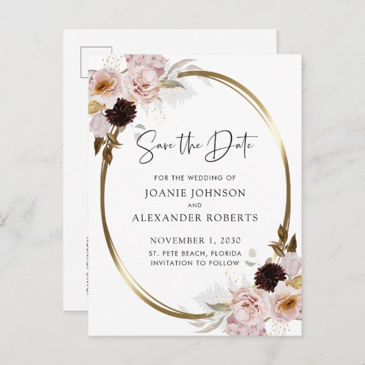 Blush roze rozen Gold Metallic Save the Date Aankondigingskaart (Voorkant / Achterkant)