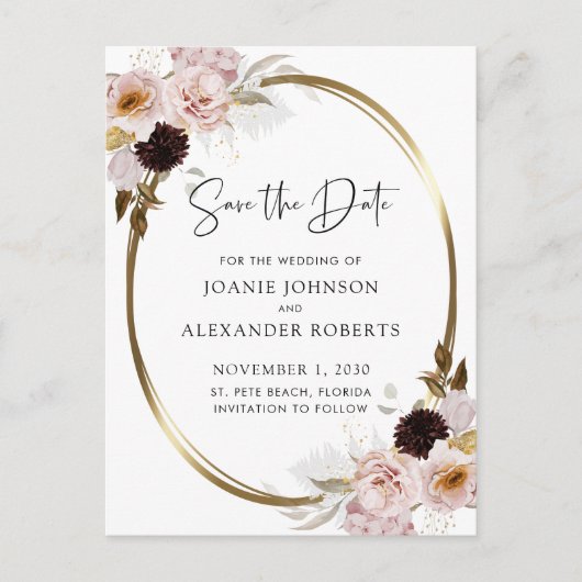 Blush roze rozen Gold Metallic Save the Date Aankondigingskaart (Voorkant)