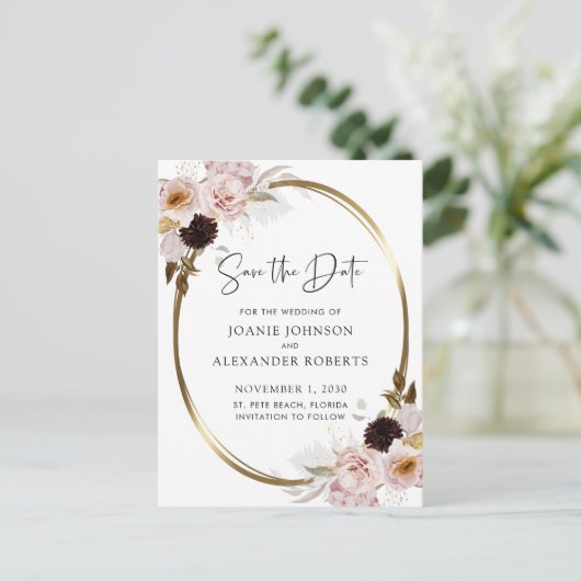 Blush roze rozen Gold Metallic Save the Date Aankondigingskaart (Staand voorkant)