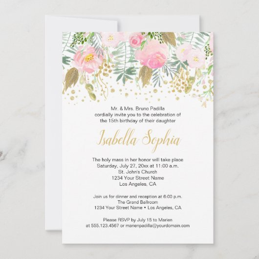 Blush roze rozen goud glitter groen Quinceanera Kaart (Voorkant)