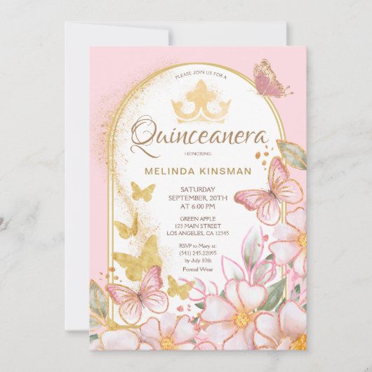 Blush Roze Rozen Goud Glitter | Quinceanera Party Kaart (Voorkant)