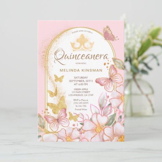 Blush Roze Rozen Goud Glitter | Quinceanera Party Kaart (Staand voorkant)