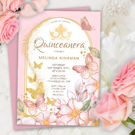 Blush Roze Rozen Goud Glitter | Quinceanera Party Kaart