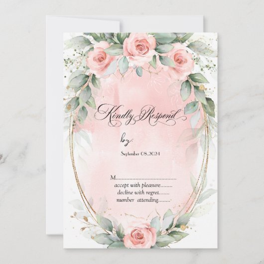 Blush Roze Rozen Goud Lijst Bruiloft RSVP Kaart (Voorkant)