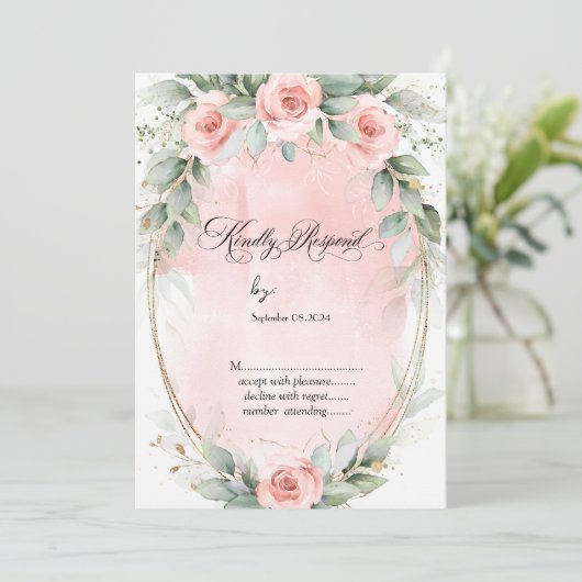 Blush Roze Rozen Goud Lijst Bruiloft RSVP Kaart (Staand voorkant)