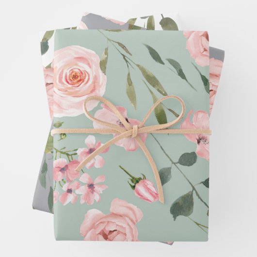 Blush roze rozen gouden bladeren groen inpakpapier vel (In situ)