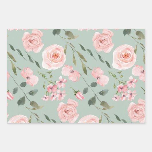 Blush roze rozen gouden bladeren groen inpakpapier vel (Voorkant)