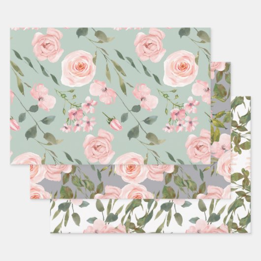Blush roze rozen gouden bladeren groen inpakpapier vel (Set)