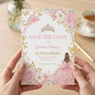 Blush Roze Rozen Gouden Quinceañera  Save the Date