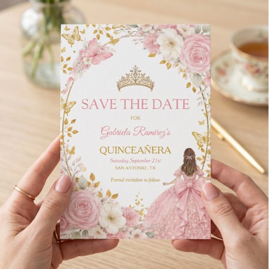 Blush Roze Rozen Gouden Quinceañera Save the Date