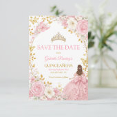 Blush Roze Rozen Gouden Quinceañera Save the Date (Staand voorkant)