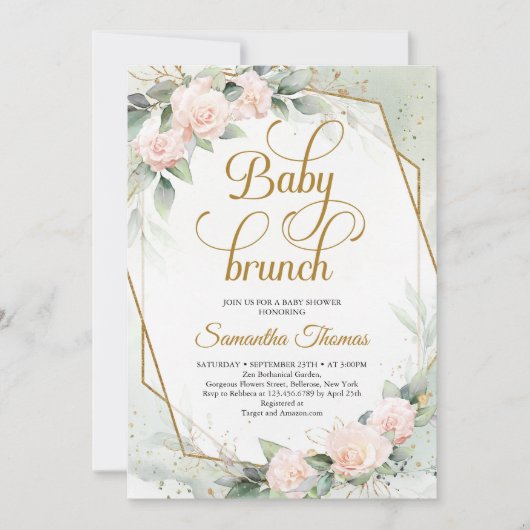 Blush roze rozen groen en gouden baby brunch kaart (Voorkant)