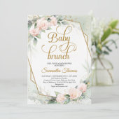 Blush roze rozen groen en gouden baby brunch kaart (Staand voorkant)