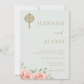 Blush roze rozen groene bladeren Chinese bruiloft Kaart (Voorkant)