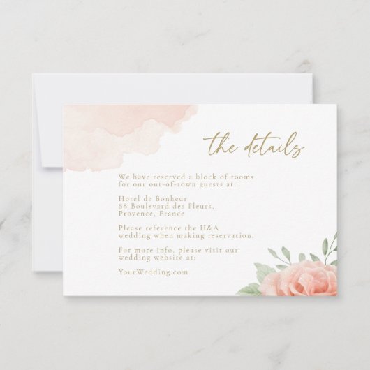 Blush Roze Rozen Groene bladeren Trouwdetail Kaart (Voorkant)