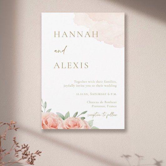 Blush Roze Rozen Groene bladeren Waterverf bruilof Kaart