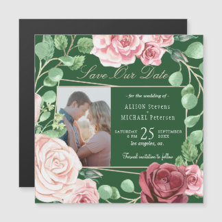 Blush roze rozen groene bruiloft foto save date magnetische uitnodiging