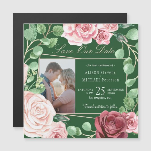 Blush roze rozen groene bruiloft foto save date magnetische uitnodiging (Voorkant / Achterkant)