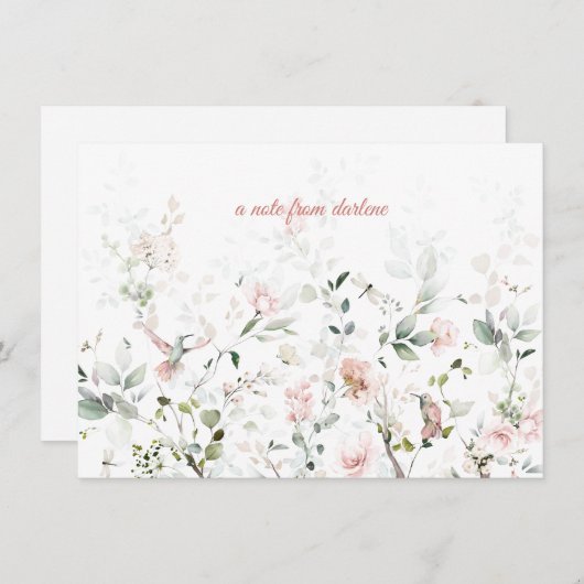 Blush roze rozen, Hummingvogels, Sage Greenery Notitiekaartje (Voorkant / Achterkant)