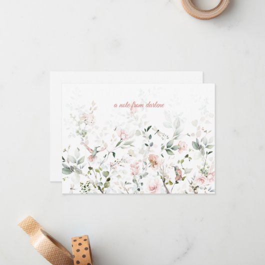 Blush roze rozen, Hummingvogels, Sage Greenery Notitiekaartje (Voorkant / Achterkant in situ)