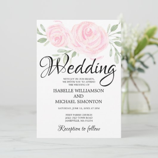 Blush roze rozen & kalligrafie bruiloft uitnodigin kaart (Staand voorkant)