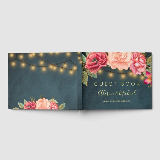 Blush roze rozen marine blauw string lichten bruil gastenboek (Volledig)