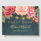 Blush roze rozen marine blauw string lichten bruil gastenboek (Voorkant)