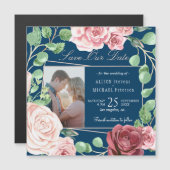 Blush roze rozen marine bruiloft foto opslaan datu magnetische uitnodiging (Voorkant / Achterkant)
