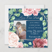Blush roze rozen marine bruiloft foto opslaan datu magnetische uitnodiging (Voorkant)