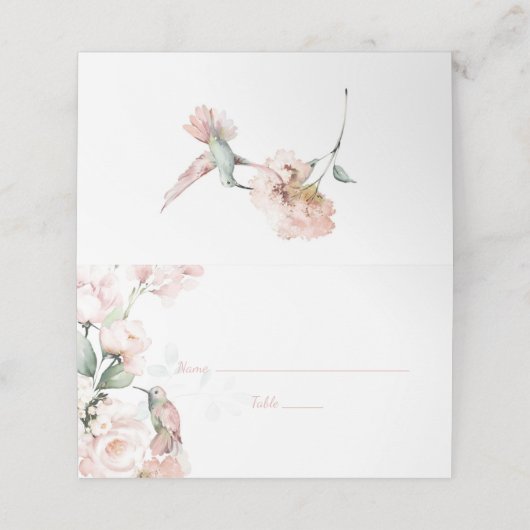 Blush roze rozen met kolibrie bruiloft plaatskaartje (Buitenkant ongevouwen)