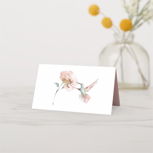 Blush roze rozen met kolibrie bruiloft plaatskaartje (Achterkant)
