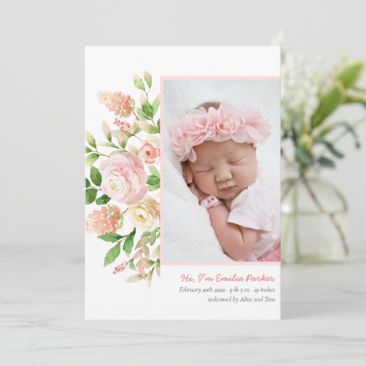 Blush roze rozen | Modern Elegant Floral Birth Aankondiging (Staand voorkant)