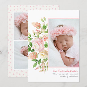 Blush roze rozen   Modern Elegant Floral Birth Aankondiging