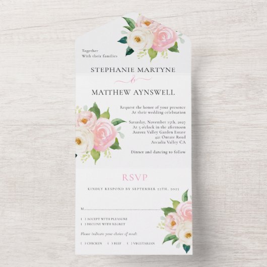 Blush roze rozen Modern Floral Wedding All In One Uitnodiging (Binnen)