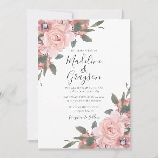 Blush roze rozen Modern Floral Wedding Kaart (Voorkant)