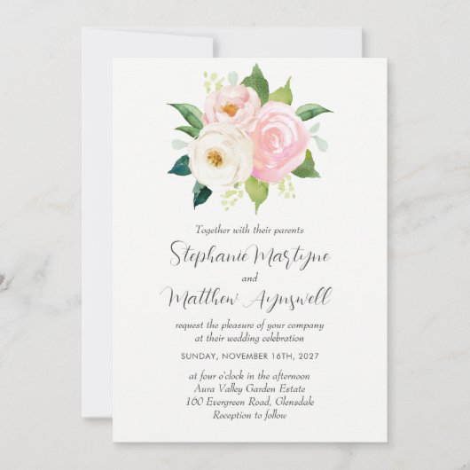 Blush Roze Rozen Moderne Waterverf Bloemen Bruilof Kaart (Voorkant)