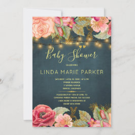 Blush roze rozen navy gouden lichten baby shower kaart