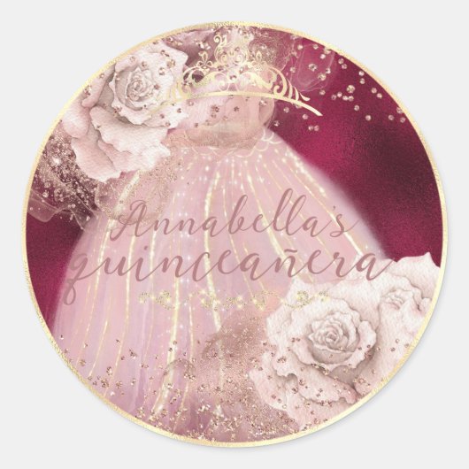 Blush roze rozen op Bourgogne & Gold Quinceañera Ronde Sticker (Voorkant)