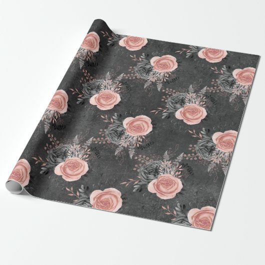 Blush roze rozen op houtskool cadeaupapier (Uitgerold)