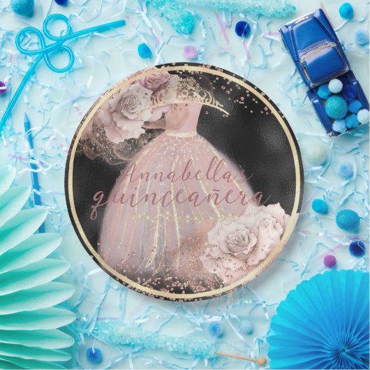 Blush roze rozen op zwart & Gold Quinceañera Papieren Bordje (Feest)