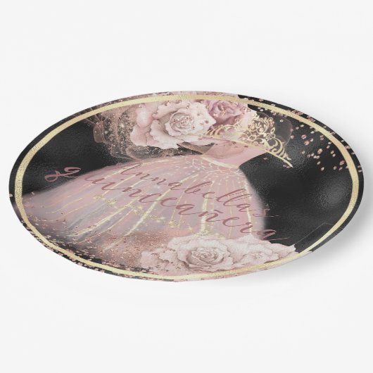 Blush roze rozen op zwart & Gold Quinceañera Papieren Bordje (Gekanteld)