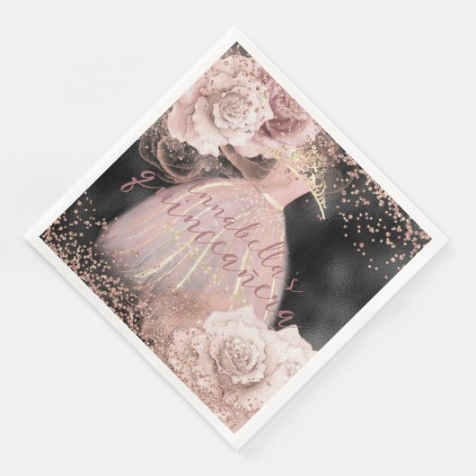Blush roze rozen op zwart & Gold Quinceañera Servet (Hoek)