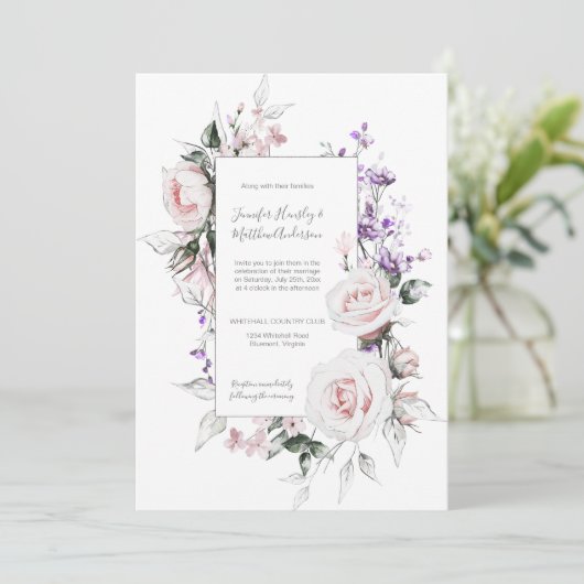 Blush roze rozen Paarse wilde bloemen Lijst bruilo Kaart (Staand voorkant)